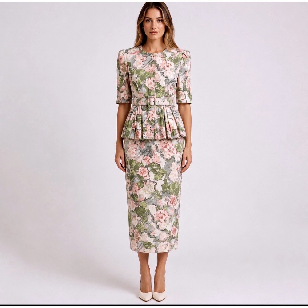 Vintage 80s/90s Garden Floral Tapestry Belted Dress w/Jacket Set Watercolor USA‎